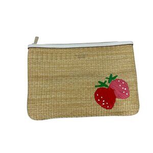 Kate Spade Straw Clutch With Strawberry Embroidery & Zip Closure
